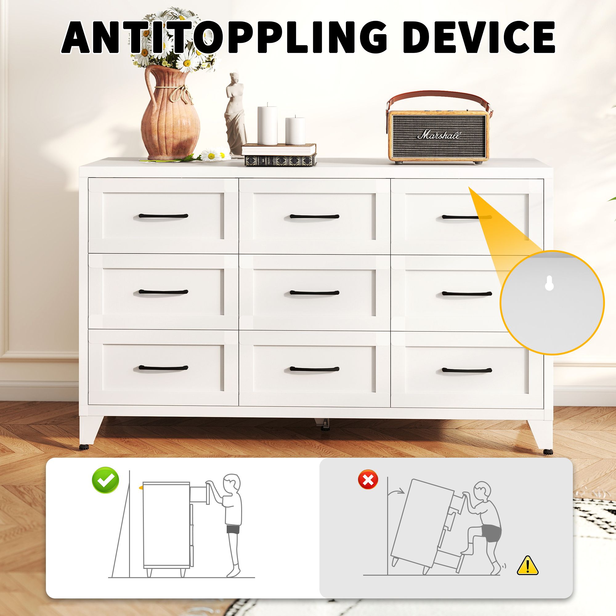9 Drawer Dresser, Steel Chest of Drawers with Quiet-Glide Rails, 52 in Wide, 30 in High, White Metal Storage Dresser for Bedroom, Closet, Hallway