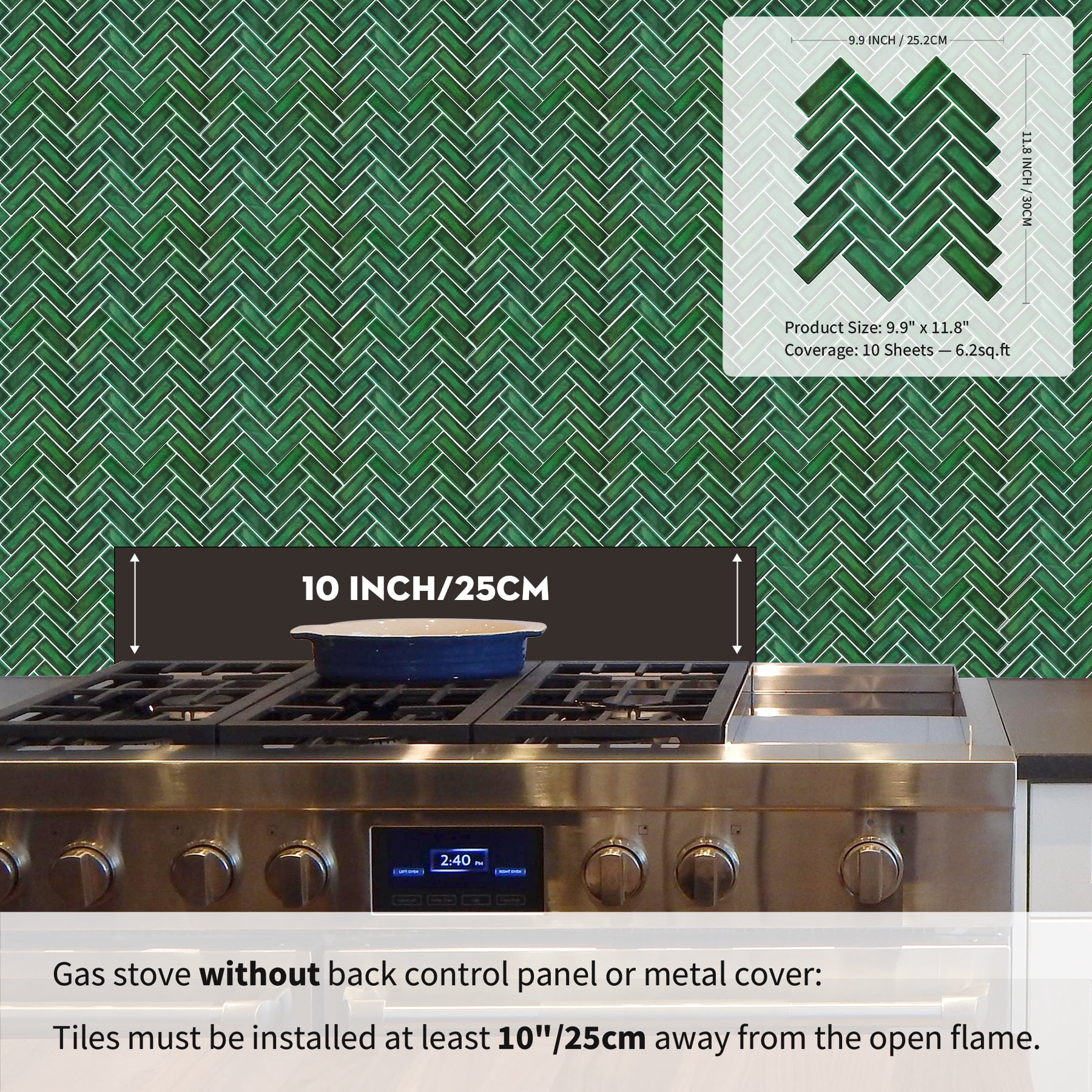 Herringbone Peel and Stick Backsplash, 10-Sheet Self Adhesive Stick on Wall Tiles for Kitchen Bathroom (Green)