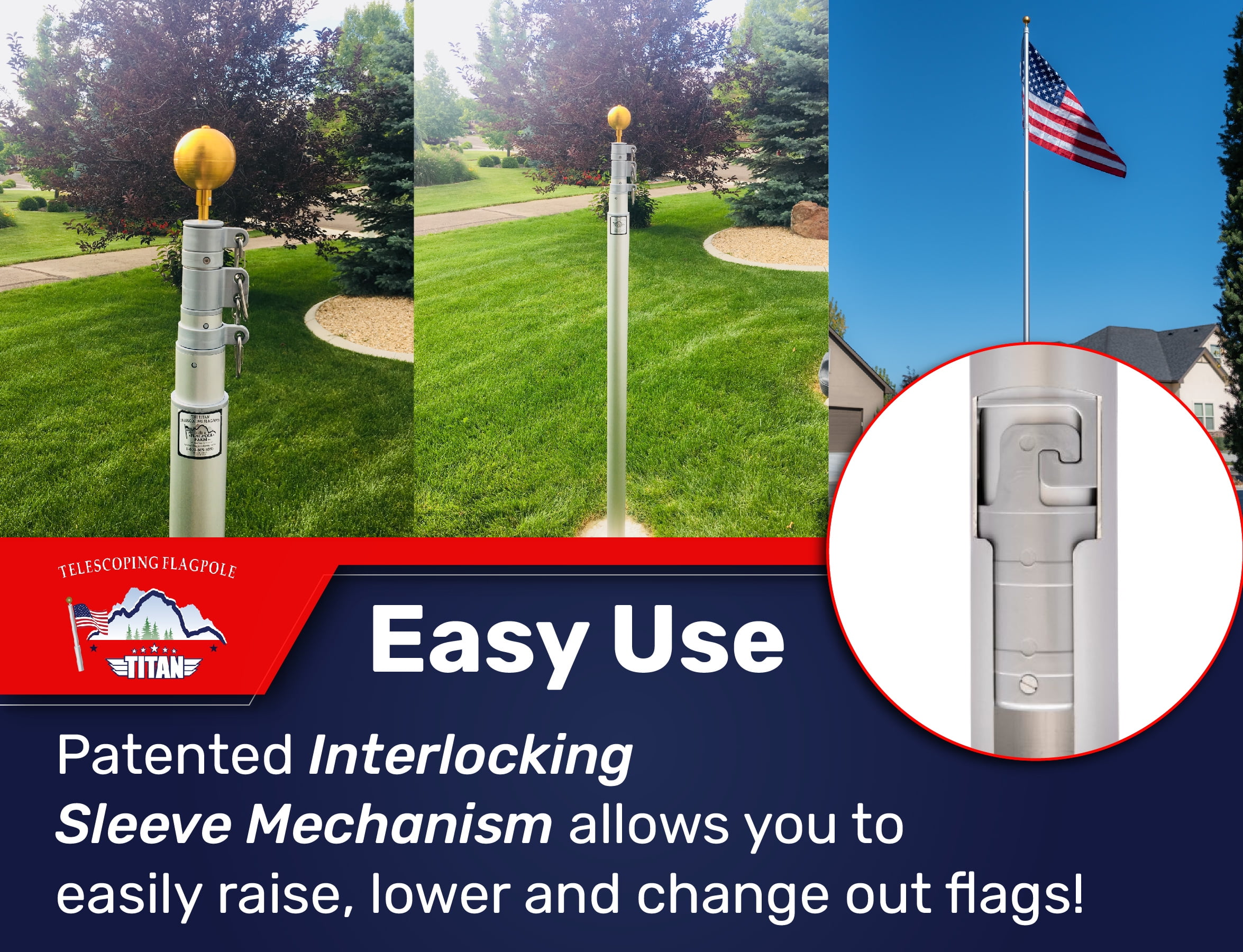 Titan Telescoping Flag Poles, 20ft Silver – Heavy Duty Flag Pole Kit, Includes Aluminum Telescoping Flag Pole, 4 x 6 American Flag, Hardware for 2 Flags and Detailed Installation Instructions