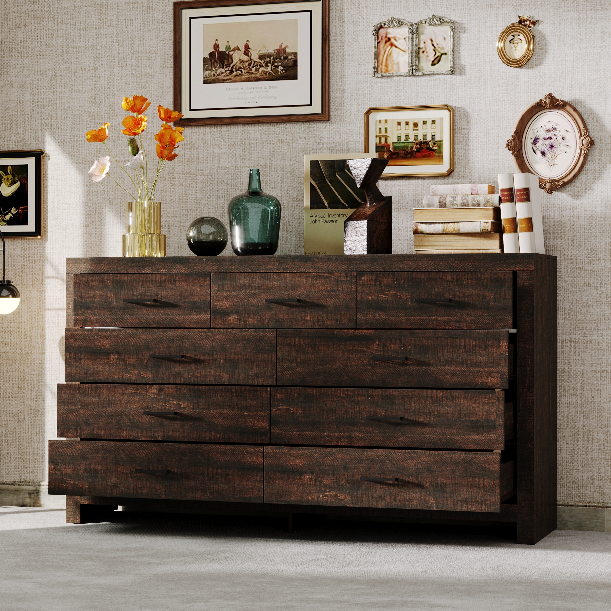 KULAGAGA 9 Drawer Dresser for Bedroom, Wide Dresser with Drawer Organizer, Wood Grain Chest of Drawers, 63" W Chests Organizer with Easy Pull Handles for Living Room, Entryway, Brown