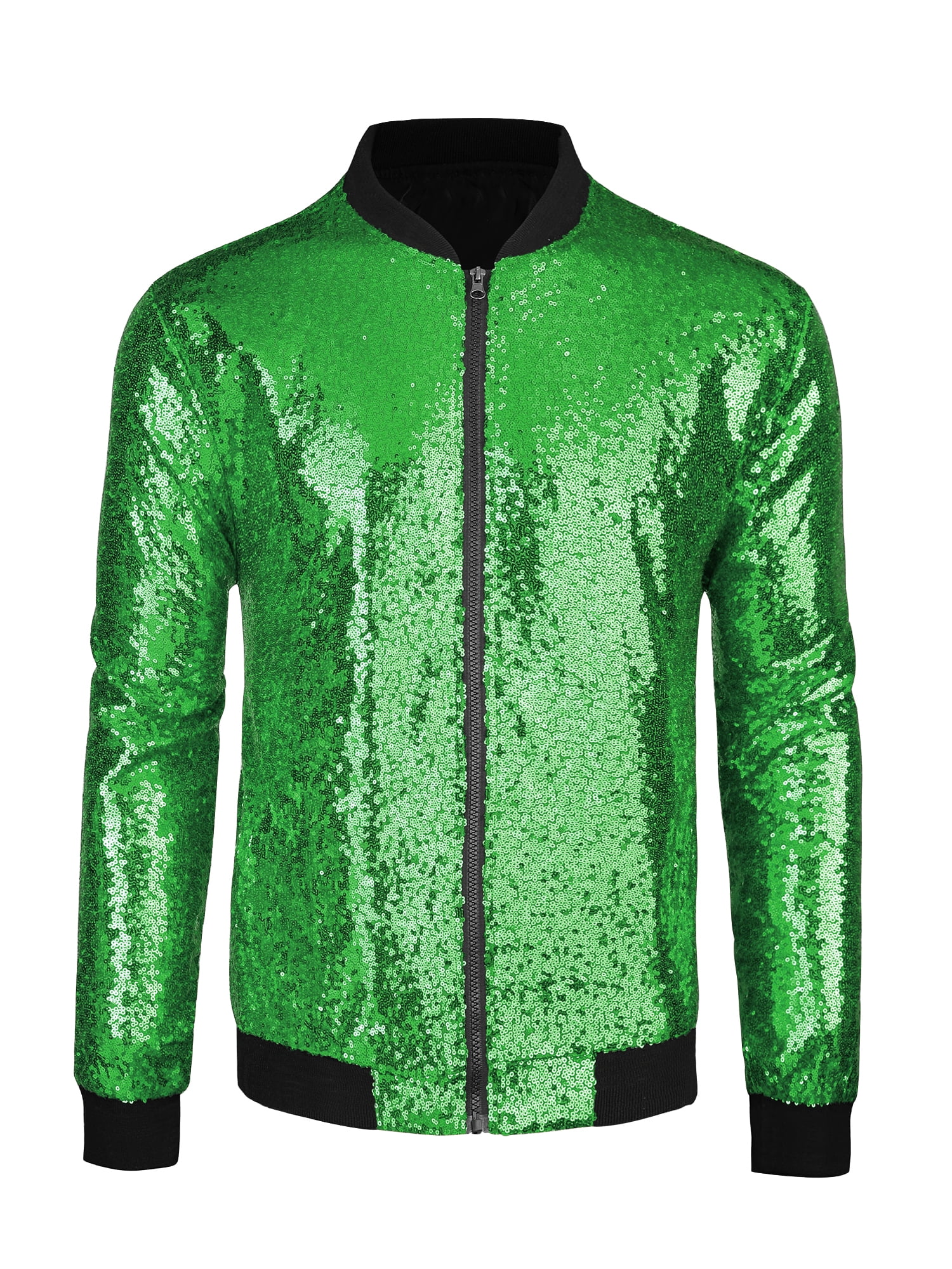 Unique Bargains Men's Long Sleeves Sequin Varsity Zipper Bomber Jacket S Light Green