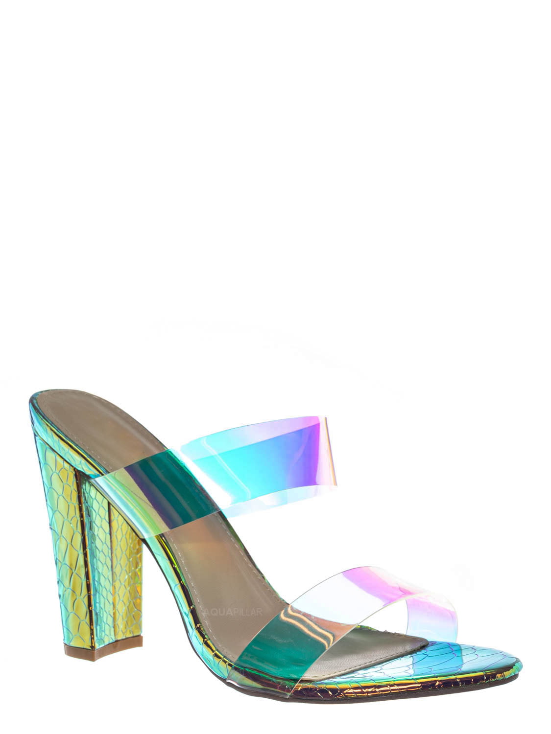 X2B - Iridescent Clear Vinyl Sandal - Chunky High Heel Strappy Lucite ...
