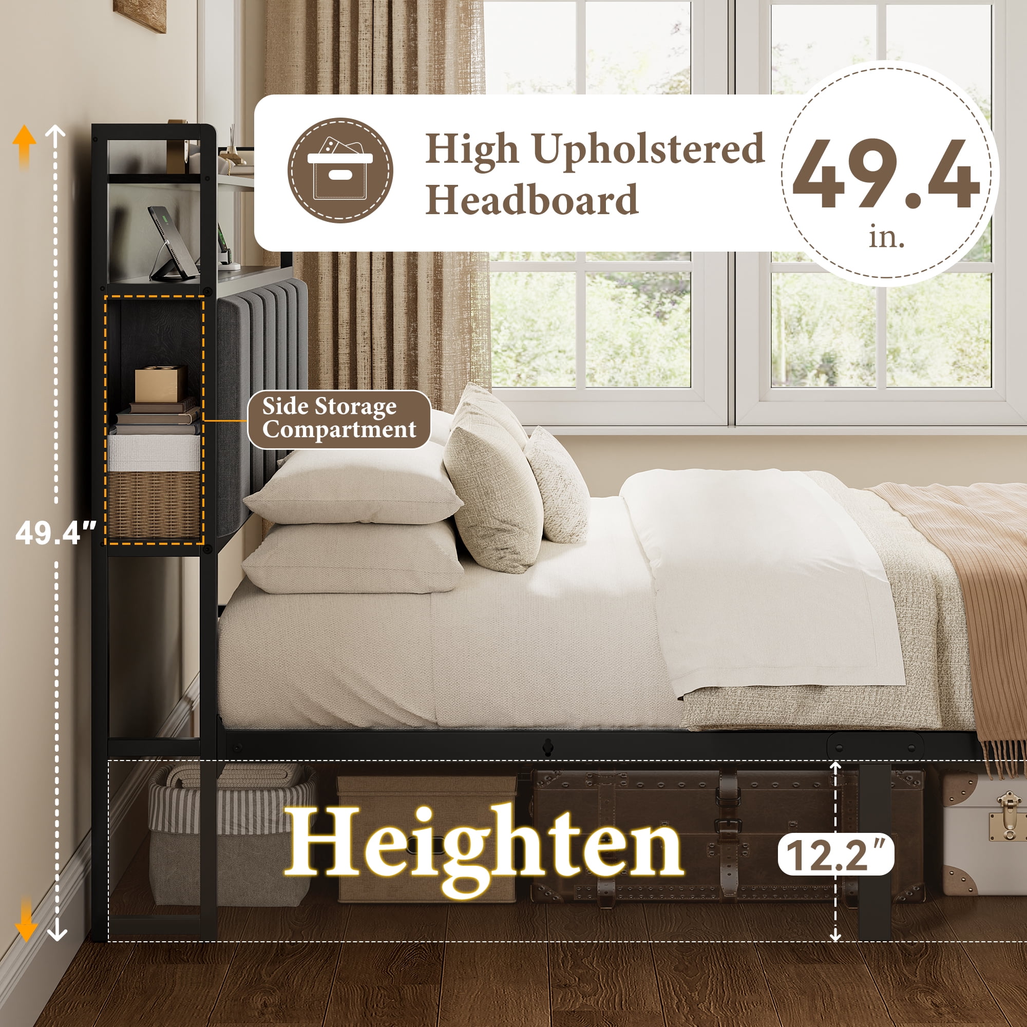 GUNAITO King Bed Frame with Storage Headboard, 2 Drawers Platform Upholstered LED Bed Frame with USB Ports & Outlets Gray