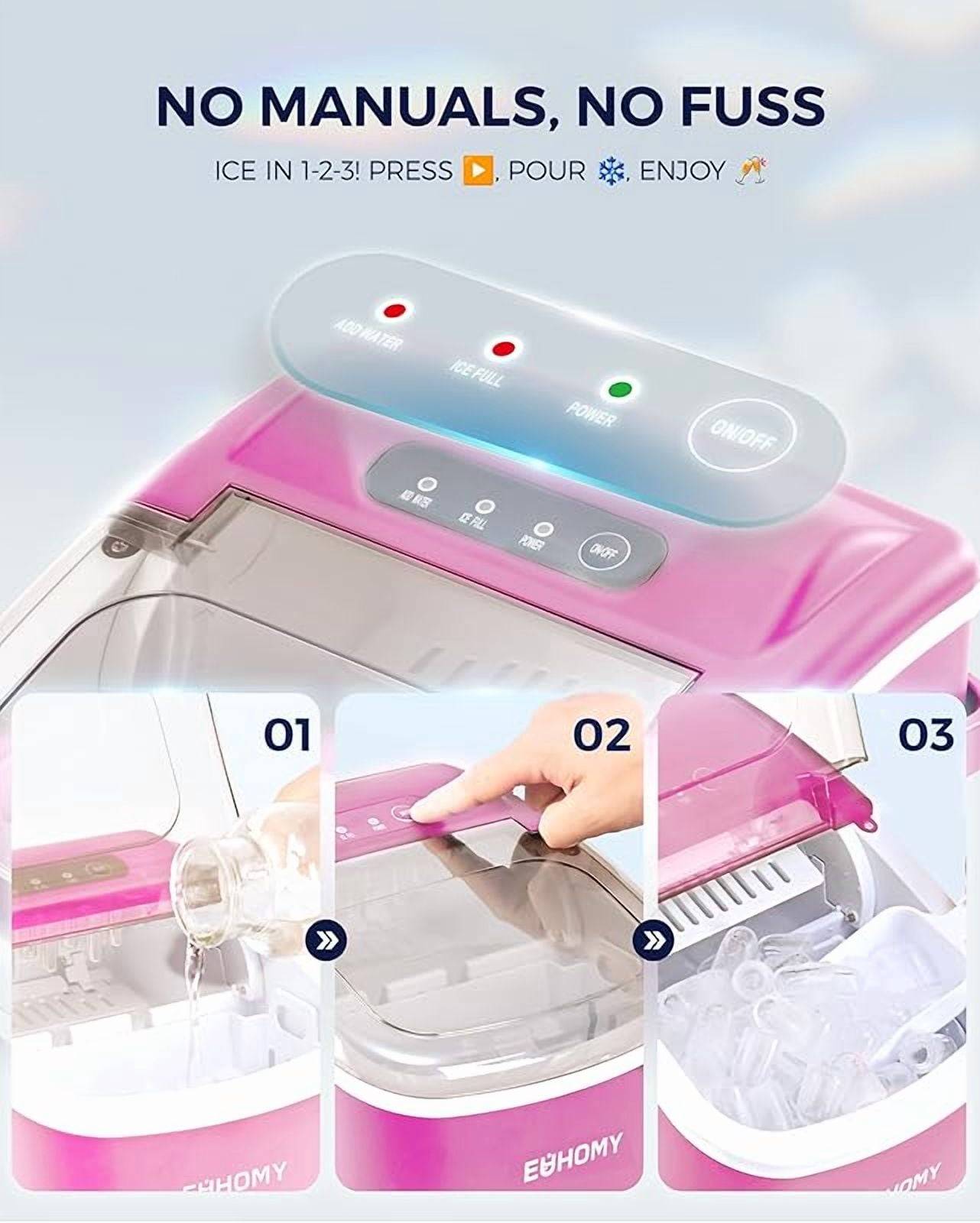Countertop Ice Maker Machine with Handle, 26lbs in 24Hrs, 9 Ice Cubes Ready in 6 Mins, Auto-Cleaning Portable Ice Maker with Basket and Scoop, for Home/Kitchen/Camping/RV. (Pink)