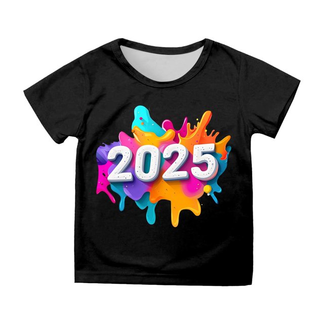 SXcggal One 2025 Nouvel An Imprimé T-Shirt à Manches Courtes Col Rond Confortable Décontracté Mignon Respirant Confortable pour Filles