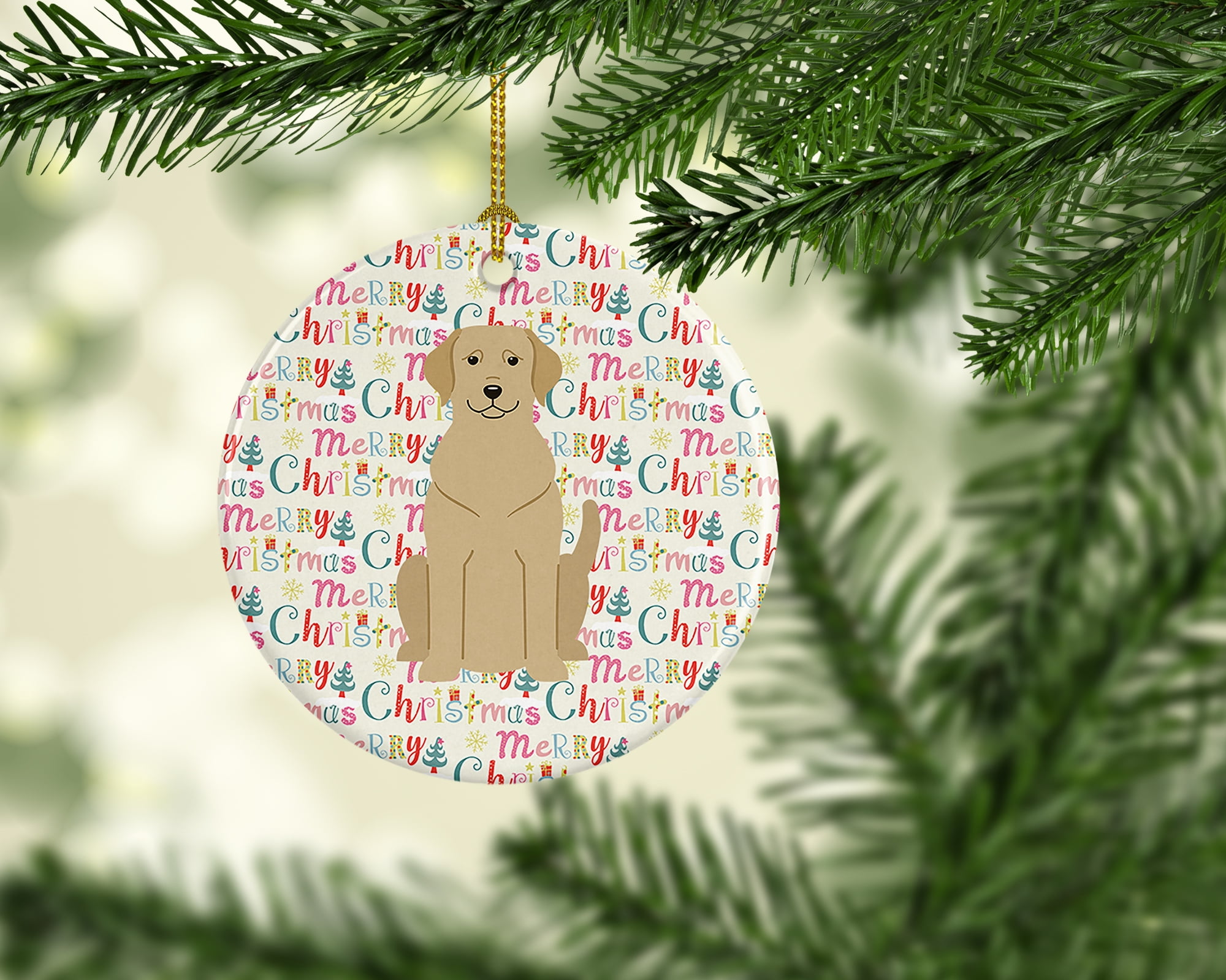 Merry Christmas Yellow Labrador Ceramic Ornament 2.8 in x 2.8 in
