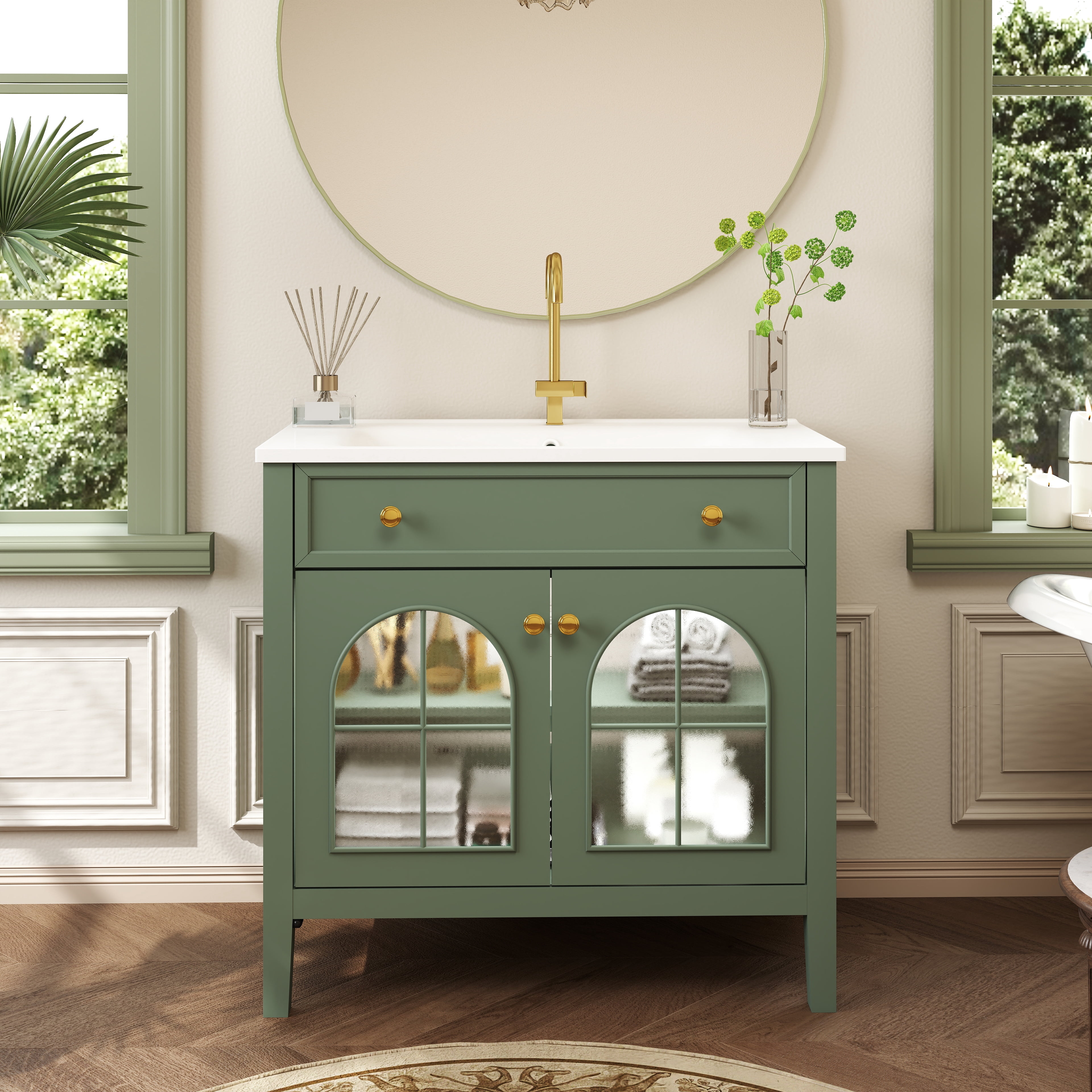 LiviNest Motion-Sensor Bathroom Vanity: 0-Second Auto-Light Medieval Vanity - Ample Storage for Apartment Bathrooms & Guest Powder Rooms - Green Freestanding Vanity with Patterned Glass