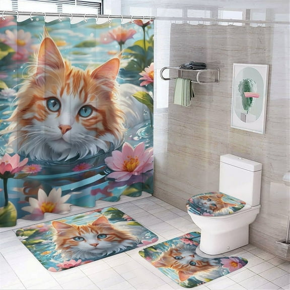 Cute Cat Print Shower Curtain Set, 4-Piece Bathroom Decor with 72" x 72" Shower Curtain, Toilet Cover Mat, U-Shaped Mat, Non-Slip Rug, Includes 12 Hooks