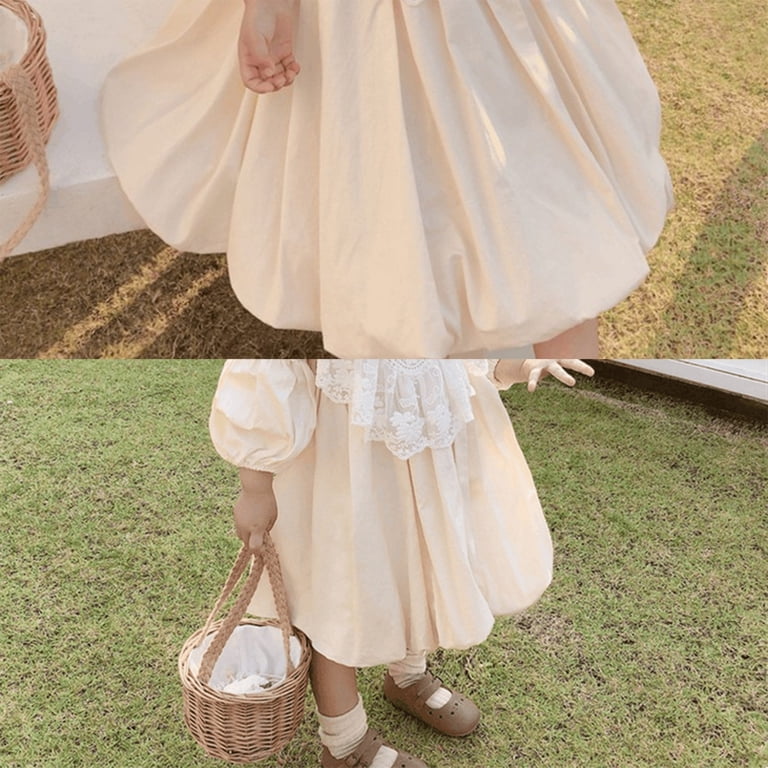Jinhomg Flowy Dresses for Toddler Girl Elegant Floral Lace Puff Sleeve Dress Summer Fall Lightweight Comfy Cotton Midi Dresses White 2Y