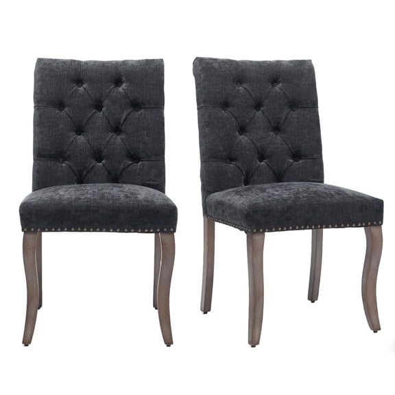QuzyAor Tufted Chenille Dining Chair Set of 2 for Home, Solid Wood Legs Upholstered Seat for Kitchen Living Room Farmhouse, Black