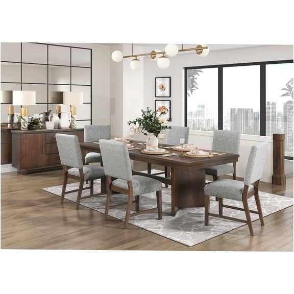 JERFIT 7-Piece Modern Walnut Dining Table Set with 6 Upholstered Chairs and Self-Storing Leaf Extension