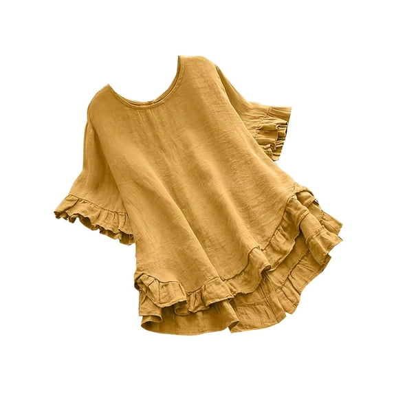 Kilaqueen Womens Tops Crew Neck Short Sleeve Ruffled Hem Pleated Blouse Casual Solid Color Loose Fit Babydoll Tops