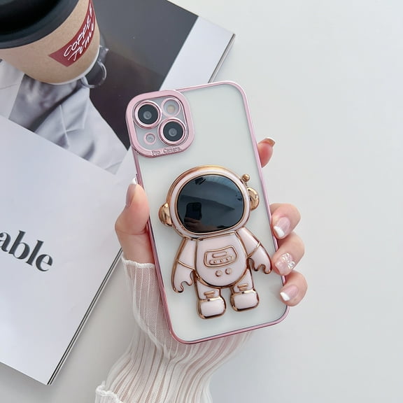 Allytech for iPhone 13 Pro 6.1 Inch Slim Gold Plated Frame Shockproof Phone Case, Raised Cute Astronaut Icon Hidden Stand Clear Back Phone Case for iPhone 13 Pro, Pink