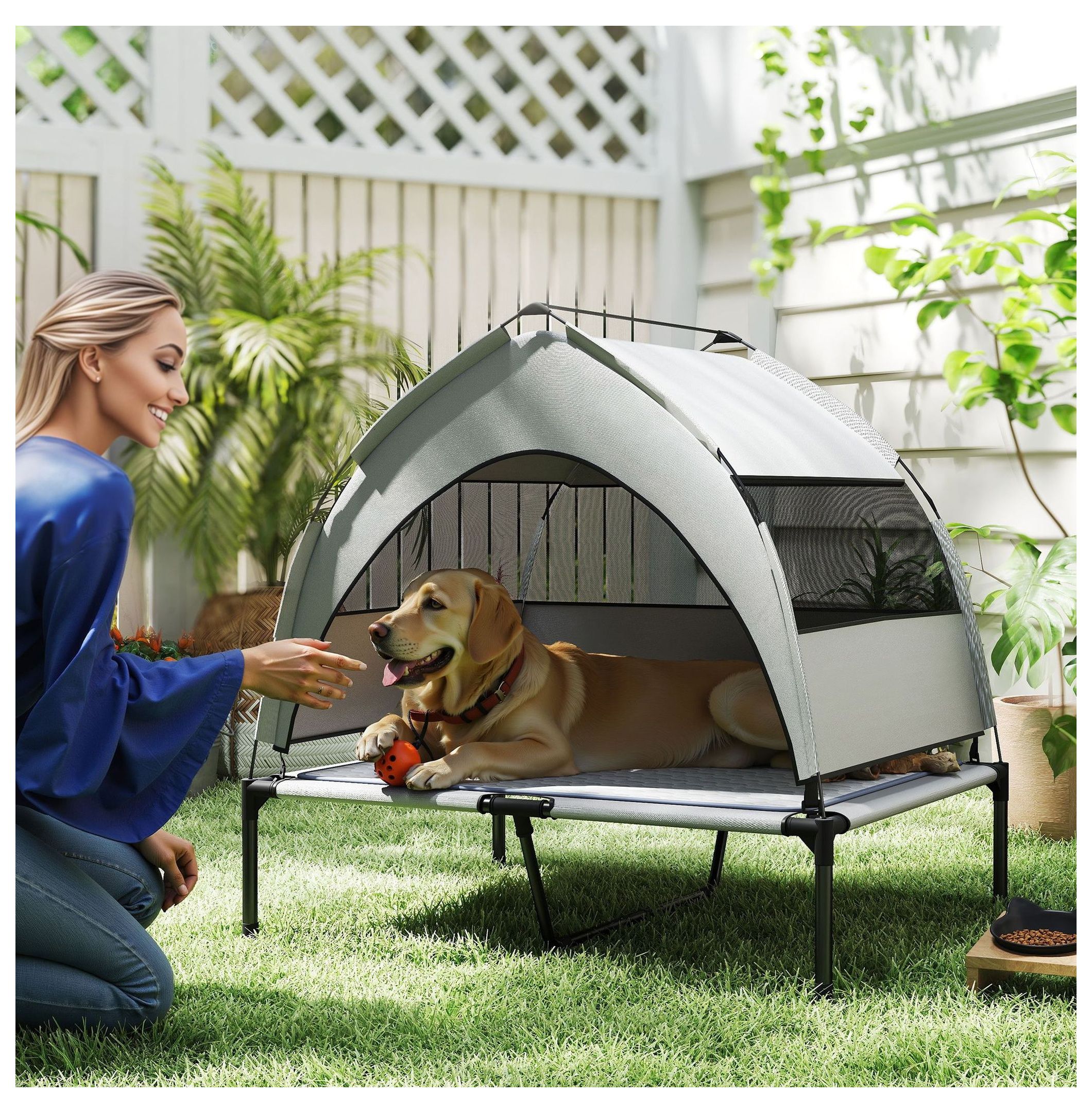 Elevated Dog Bed with Canopy, Portable Outdoor Dog Cot with Cooling Pad, 36x29.5x35in