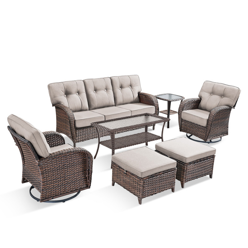 PARKWELL 7 Pieces Patio Furniture Set with Swivel Chairs, 7-Seat Wicker Conversation Set with Rattan Rocking Chair, Ottoman, Coffee Table and 5" Thick Cushion for Porch Deck, Brown/Beige