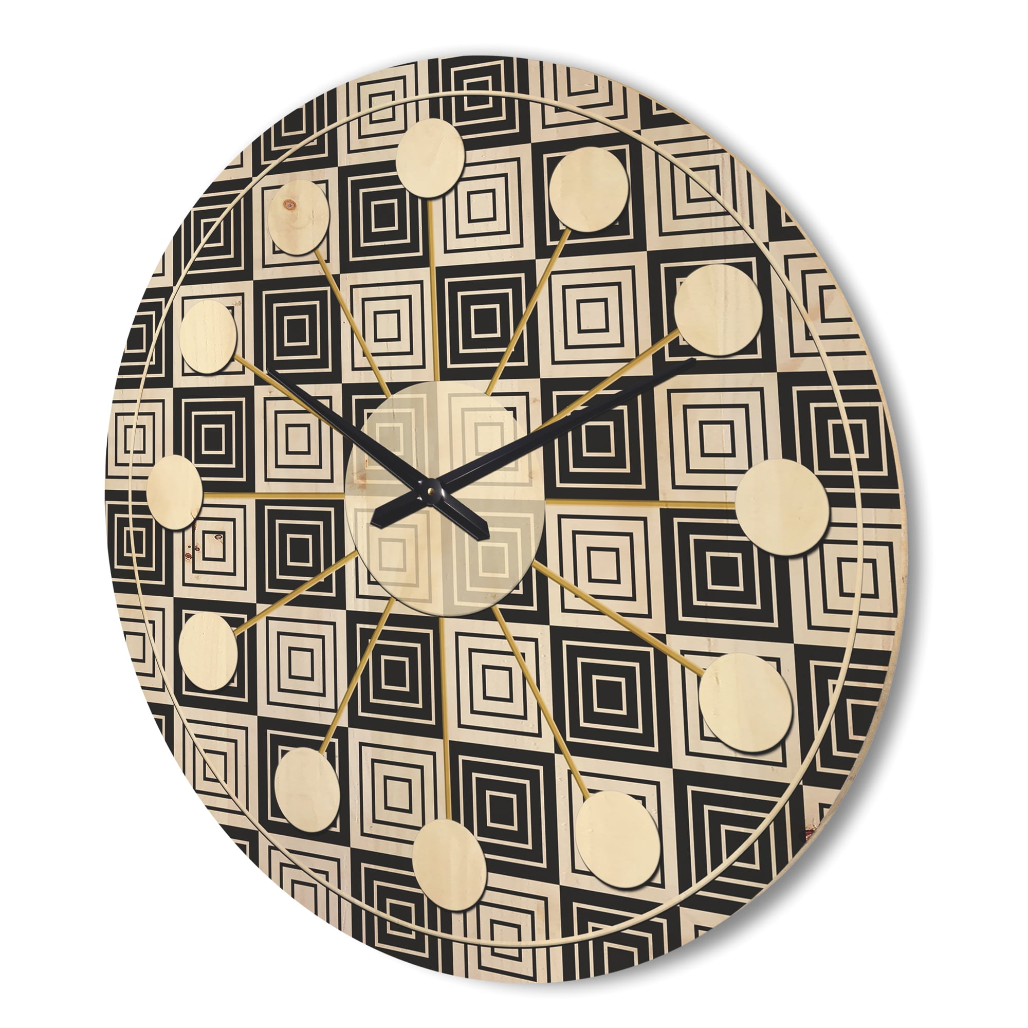Designart 'Black and White Geometric Pattern XI' Mid-Century Modern Wood Wall Clock