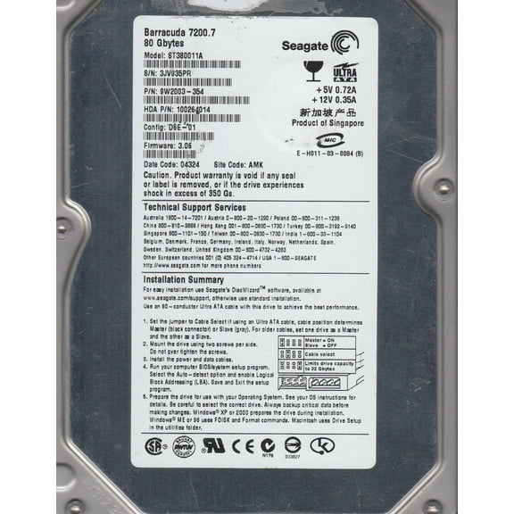 ST380011A, 3JV, AMK, PN 9W2003-354, FW 3.06, Seagate 80GB IDE 3.5 Hard Drive