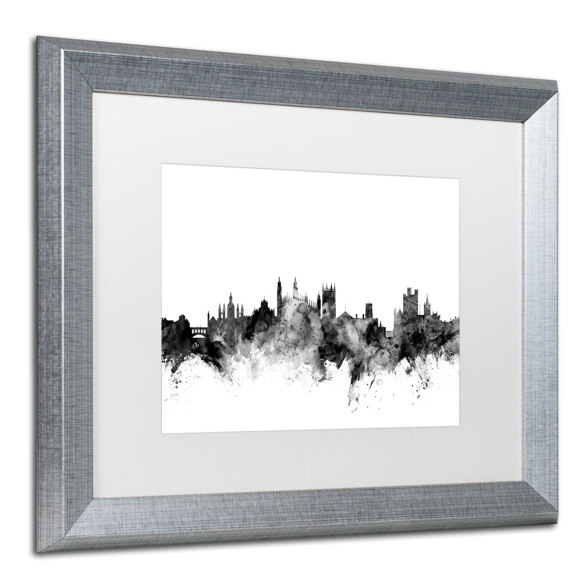Trademark Fine Art 'Cambridge England Skyline B&W' Canvas Art by Michael Tompsett White Matte, Silver Frame