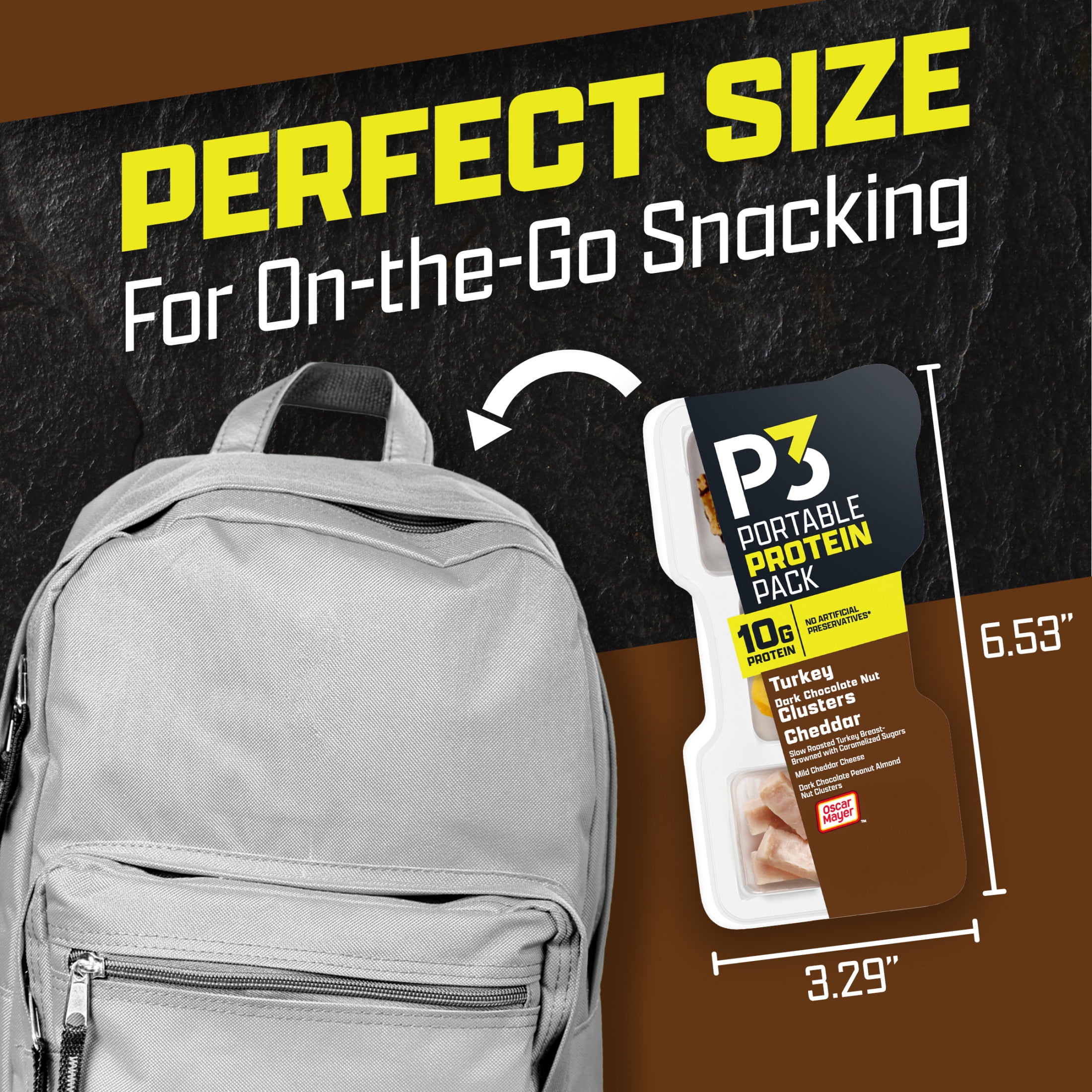P3 Portable Protein Snack Pack with Dark Chocolate Almond Nut Clusters, Turkey & Cheddar Cheese, 2 oz Tray