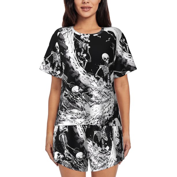 Balery Skeleton Wave Artwork Conjunto de Pijama para Mujer con Estampado, Dos Piezas de Manga Corta y Shorts, Ropa de Dormir Suave con Cuello Redondo y Bolsillos-XX-Large