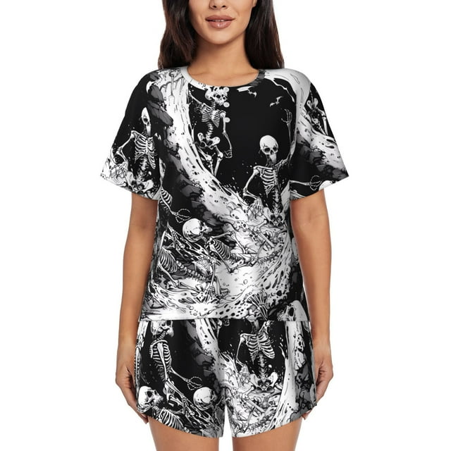 Xecao Skeleton Wave Artwork Pattern Women's Short Sleeve Pajama Set Soft Sleepwear Lounge Set with Button Front Top and Drawstring Shorts with Pockets-4X-Large
