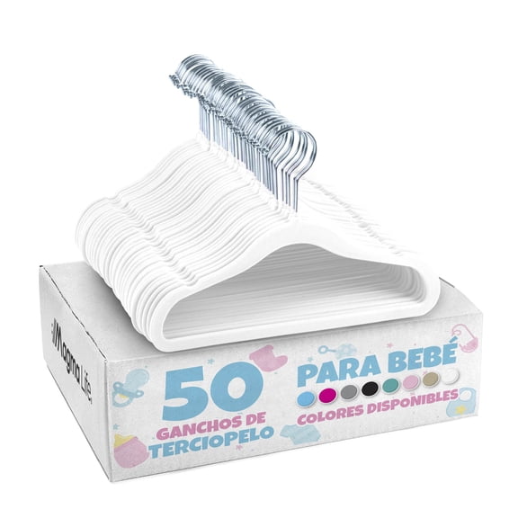 Ganchos de Terciopelo Magma Life 50 para Ropa de Bebe Gancho Plateado Giratorio 360 Grados 29 cm WHITE