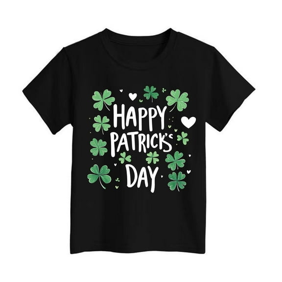T Shirts for Girls Short Sleeve St. Patrick's Day Cotton Cute Graphics Round Neck Kids Tee 3-4 Years,Black