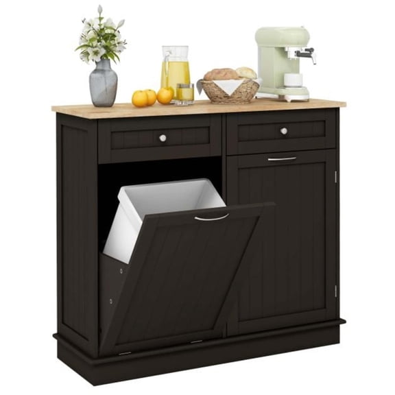 Brown Wooden Tilt Out Trash Storage Cabinet with 2 Smooth Drawers & Adjustable Shelf, Freestanding Garbage Bin Organizer for Kitchen Dining Room Laundry Room