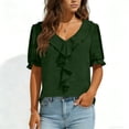 thumbnail image 2 of Ygbgbb Women's Ruffle Trim V Neck Blouses Lightweight Short Sleeve Tops Solid Casual Daily Shirts Trendy Spring Summer Outfits Green M, 2 of 7