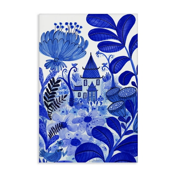 Stupell Industries Whimsical Blue Folk Garden Architecture Painting Wrapped Canvas Canvas Art Print Wall Art, 16 x 24