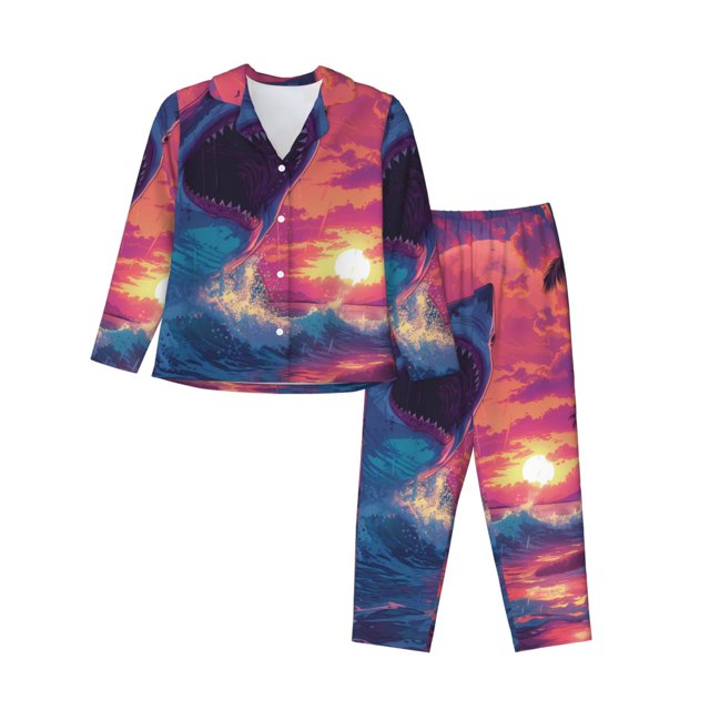Fotbe Hawaiian Island Beach Shark Conjunto de Pijama de Manga Larga para Mujer con Estampado, Ropa de Dormir de 2 Piezas, Conjunto de Casa Suave y Cómodo con Bolsillos-Small