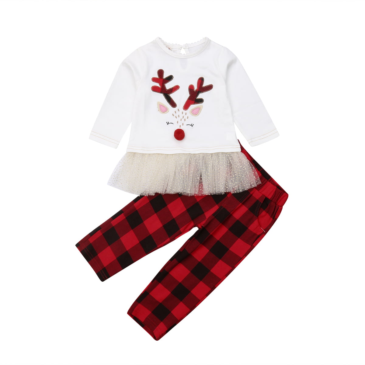 Christmas Plaid Toddler Kids Baby Girl Outfit Clothes T Shirt Top Dress+Belt Set