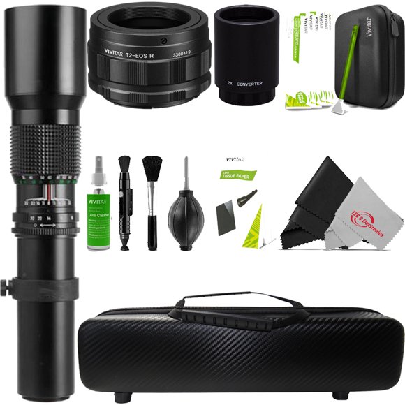 Vivitar 500mm f/8.0 Preset Telephoto Lens + Vivitar T-Mount to Canon RF-Mount Adapter + Digital 2X Converter for SLR & Digital Lenses + Lens Hard Shell Case + Professional Cleaning Kit