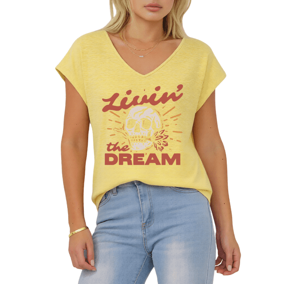 Giffimy Women's Livin' the Dream Skull Print Yellow S-5XL V-Neck Sleeveless T-Shirt Retro Casual Tank Top