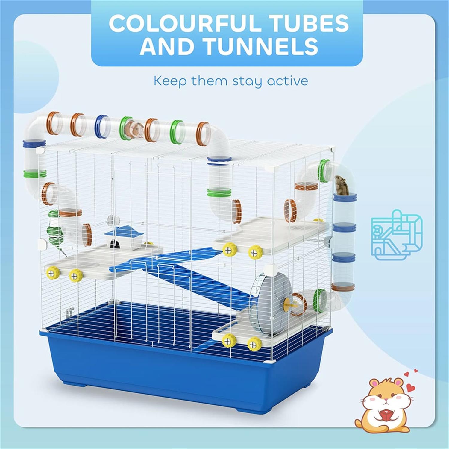 resenkos 30" Large Hamster Cage, Gerbil Cage with Tubes and Tunnels for Syrian Gerbil, 4 Tiers Small Animal Habitats Exercise Wheel, Water Bottle, Blue
