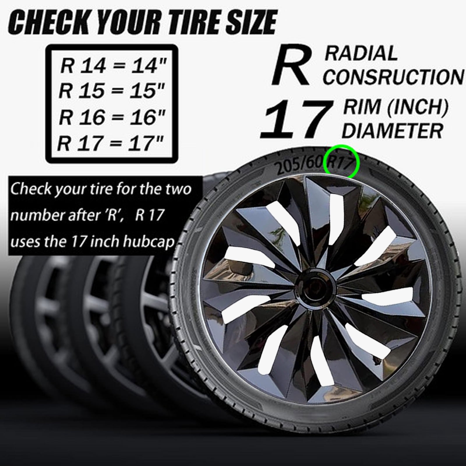 (4-Pack) Premium 17" Black  Wheel Rim Cover Hubcaps OEM Style Replacement Snap On Car Truck SUV Hub Cap - 17 Inch Set