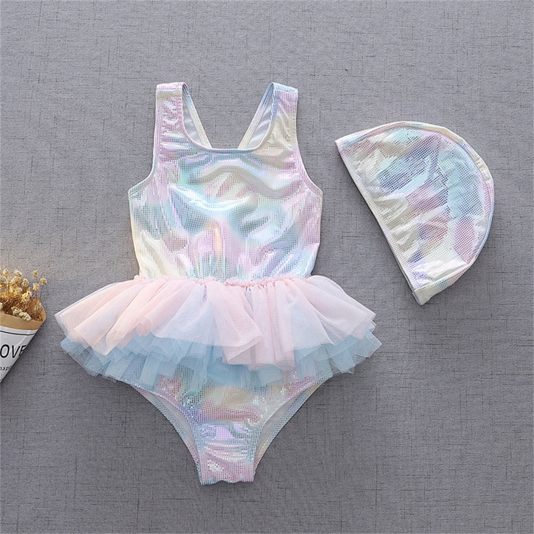 Toddler One Piece Swimsuit 38T Girl Ruffle Mermaid Print Tulle One