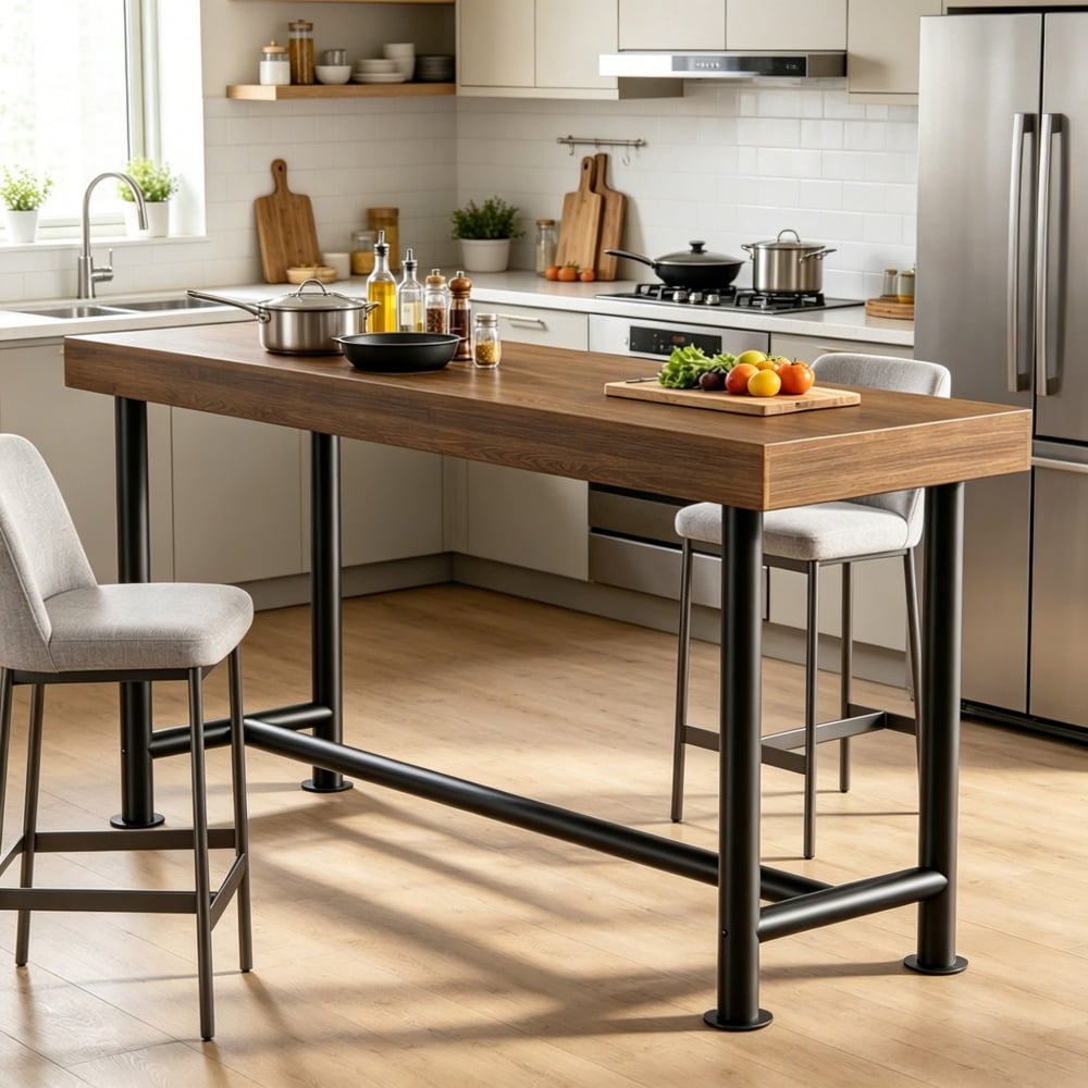 Solid Wood Bar Height Dining Table, Industrial Metal Legs, 66.5 in L