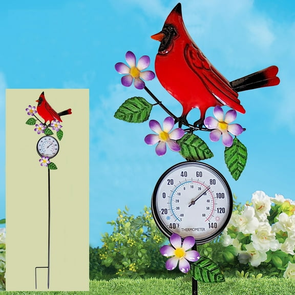 Cardinal thermometer indoor outdoor garden stake, metal red bird art decor sculpture stick for lawn yard patio decorations, no battery required