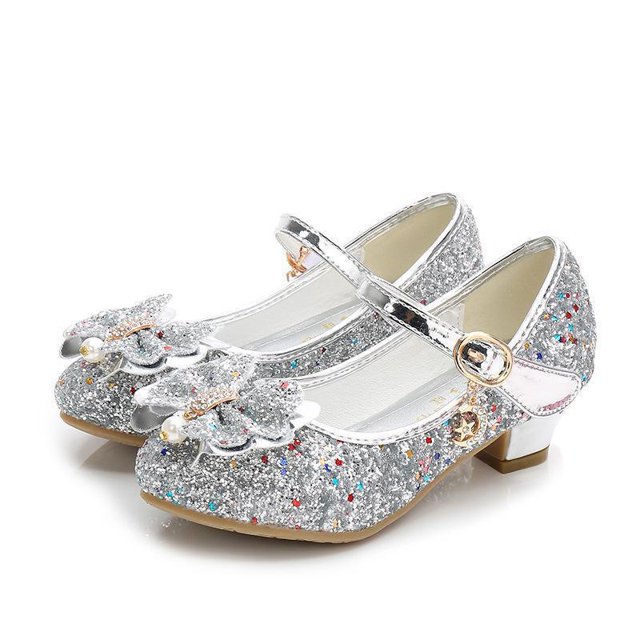 Zapatos de cuero de princesa mariposa para niños, zapatos de tacón alto con lazo de diamante, zapatos de baile con purpurina para niñas, zapatos de baile de fiesta a la moda