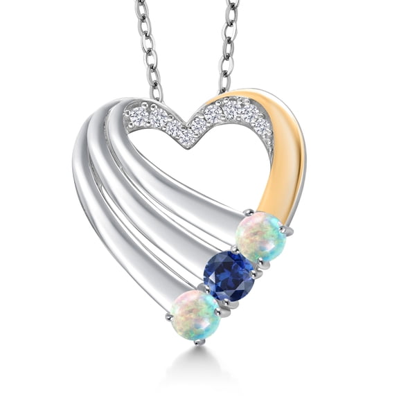 Gem Stone King 925 Silver and 10K Yellow Gold Simulated White Opal and Blue Created Sapphire and White Lab Grown Diamond Heart Pendant for Women | 0.85 Cttw | October Birthstone | With 18 inch Chain