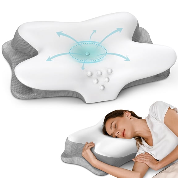 Cervical Neck Pillow for Pain Relief, Ergonomic Side Sleeper Pillow with Cooling Memory Foam, Contour Orthopedic Pillow for Neck Support, Back Stomach Sleepers with Pillowcase, White
