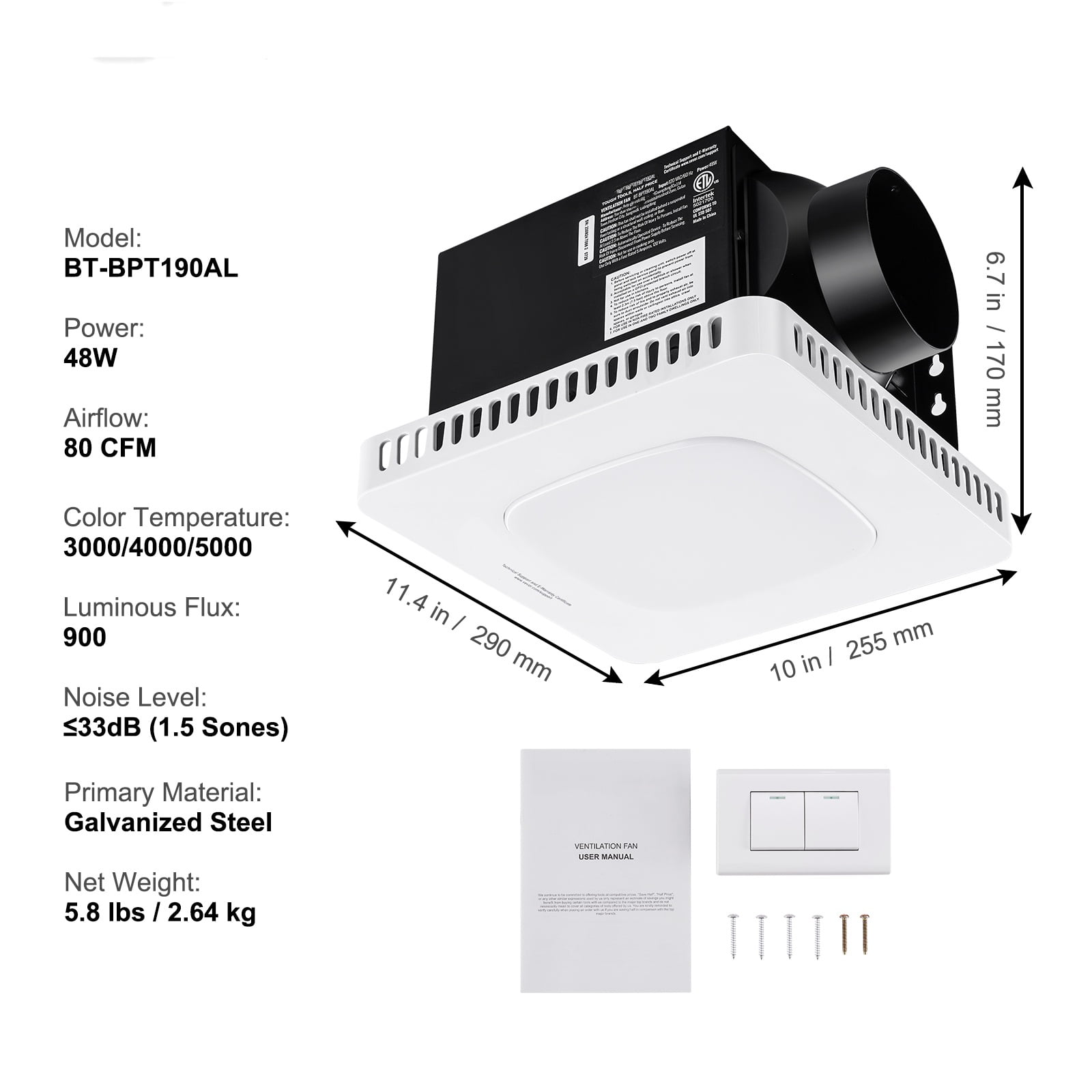 VEVOR 80 CFM 1.5 Sones Bathroom Exhaust Fan, Low Noise Bathroom Fan Bathroom Ceiling Vent Fan with 3 Adjustable Colors Lights