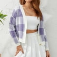 thumbnail image 3 of KOMOO Women Plaid Cropped Sweater Long Sleeve V-Neck Button Down Cardigan Knitwear Knitted Top Shirt, 3 of 7