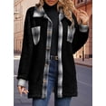 thumbnail image 5 of Shackets for Women Fleece Button Down Plaid Long Coat Lapel Hooded Fleece Lined Jacket Fashion Color Block Tops Black S, 5 of 7