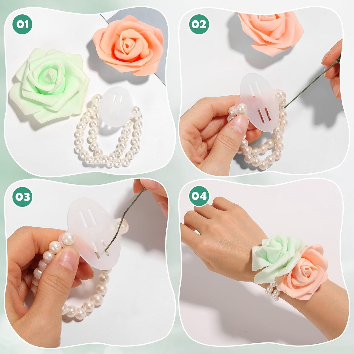 Floral Tape and Floral Wire Arrangement Tool Kit with Green Floral Tape, Floral Wire, Boutonniere Flower pin, Wire Cutter, White Ribbon and Elastic Pearl Wrist Corsage Bands for Bouquets