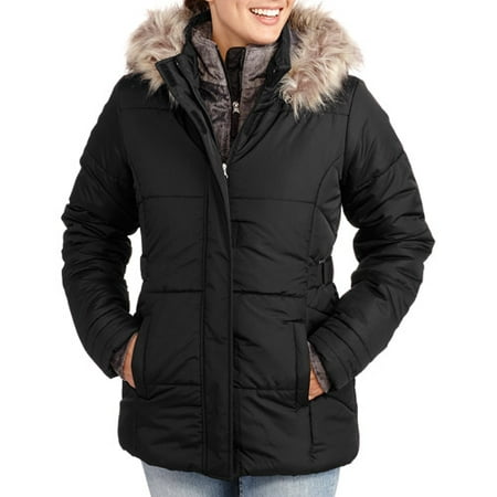 Women's Heavyweight Hooded Puffer Coat With Faux-Fur Trim - Walmart.com