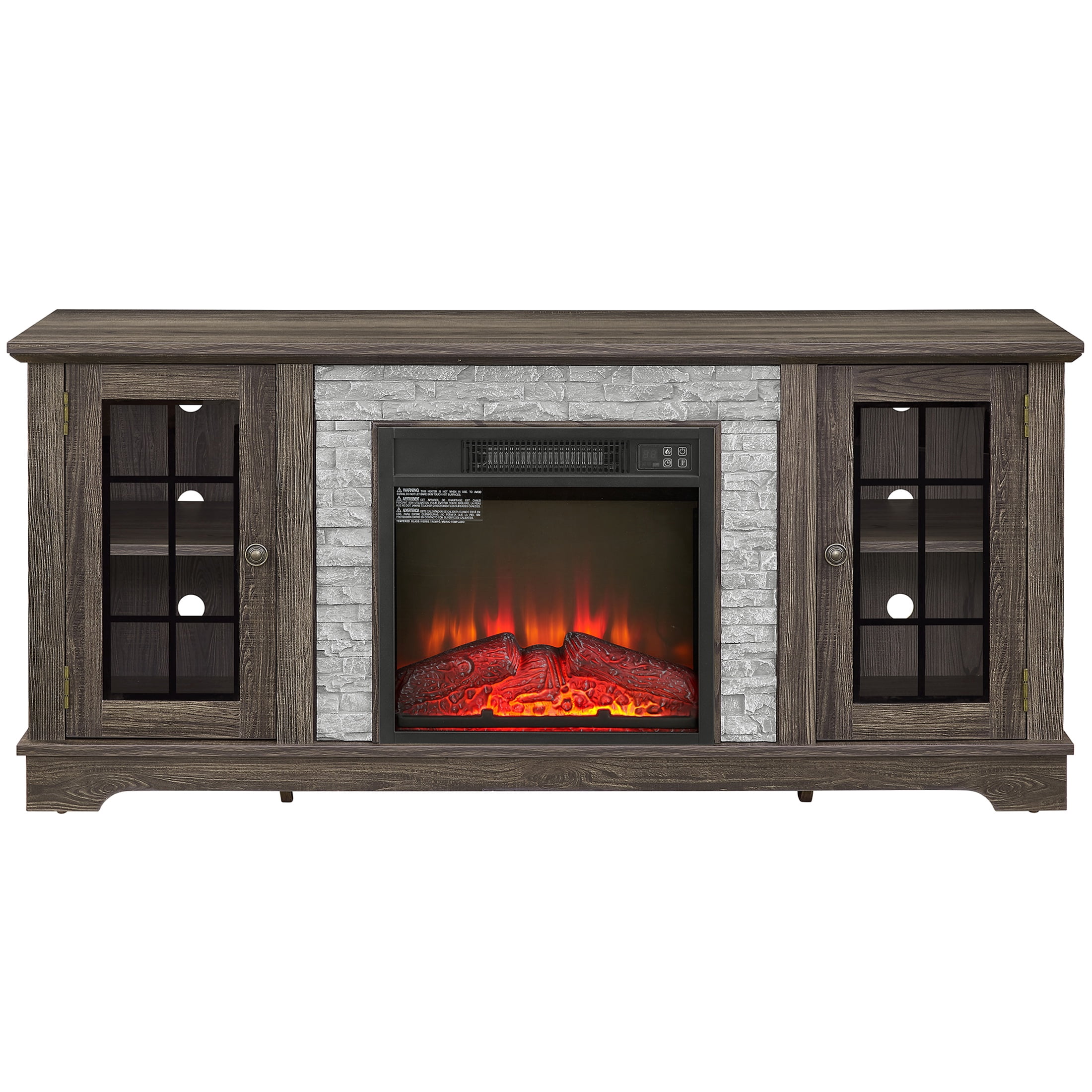 Electric Fireplace TV Stand for 65″ TVs, UHOMEPRO Fireplace Entertainment Center TV Console Table with 18″ Fireplace, 2-Door Storage Cabinets, Holds up to 200 lbs, Grey