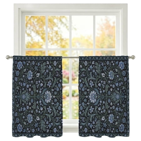 Purple Black Floral Sheer Curtains 45 Inches Long 2 Panels Country Vintage Ethnic Abstract Flowers Leaf Semi Sheer Rod Pocket Window Curtains Light Filtering Drapes for Living Room Bedroom