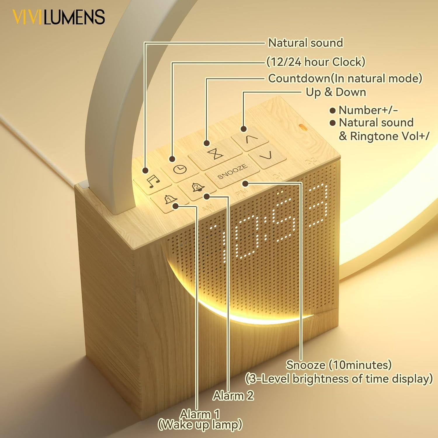 Sunrise Alarm Clock for Heavy Sleepers Adults, 10 White Noise Sound Machine with 30/60/90 Timer, Touch Dimmable Light with USB Charger Port,Wood Grain